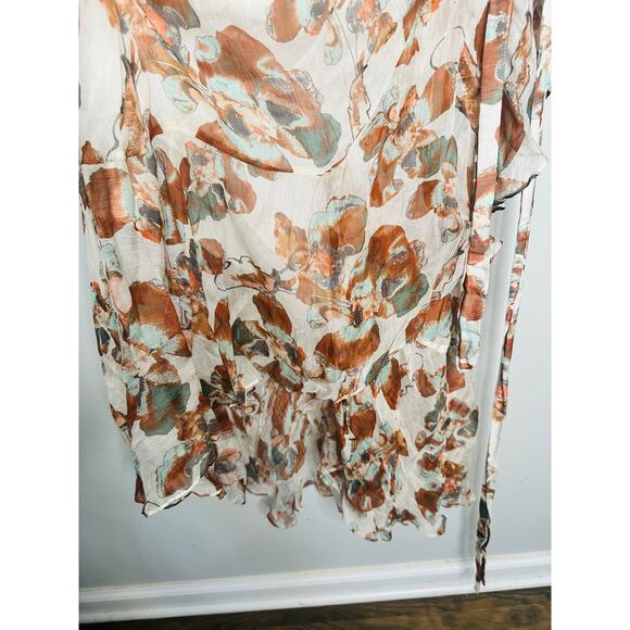 TANYA TAYLOR Floral Brown White Wrap Ruffle Sleeves Floral Blaire Dress Size 4 - Picture 9 of 13